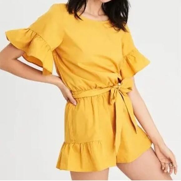 American Eagle Outfitters Pants - American Eagle Mustard Yellow Ruffle Sleeve Shorts Open Back Summer Romper Small